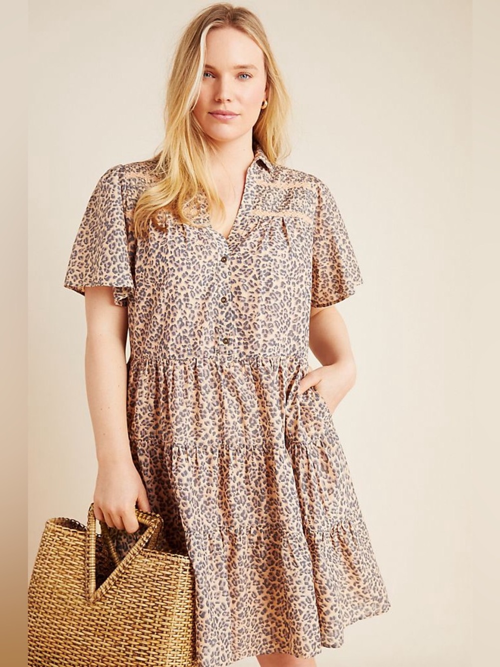 Anthropologie Leopard Georgina Tiered Shirt Dress in Beige and Black Medium
